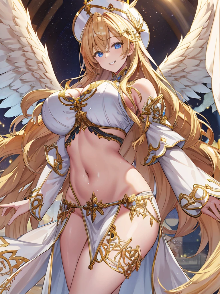One priestess,Valkyrie,Angel Wings,belly button,Side bust,Complex,Particles of light,Thighs,Shiny skin, 口を開けたsmile、Plump、Perfect lighting, One girl, View your viewers,Winged hat,Pelvic Curtain, smile,(masterpiece), (Highest quality), Very , maternal, Porcelain-like skin, Honey Blonde Hair, Very long hair, Wavy Hair