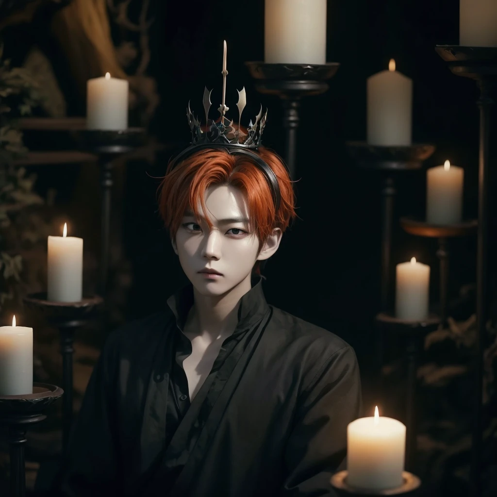 Hyunjun hur actor and kpop idol more realism in hair and clothing hair orange, Generate an image of a Korean Kpop idol with bright orange hair, dressed in a black shirt and a tunic of the same color, surrounded by dark witches and warlocks in a coven. The background must be dark and gloomy, lleno de velas y witchcraft symbols.Create a visual representation of a Korean Kpop actor, with a spinal crown on his head, dressed in a black tunic and black shirt in a coven setting. Around it, dark witches casting curses, with a shadowy forest full of candles as a backdrop.Produces an image where a Korean Kpop idol, recognizable by his bright orange hair, is immersed in an environment of witchcraft and curse. He is dressed in a black tunic and a dark shirt, surrounded by wizards and witches in a dark forest full of magical symbols.Korean kpop idol actor who is dressed in a black shirt, black tunic, with a crown of thorns on his head, he is in a witches coven, all dark witches, curse and witchcraft, the background that is dark dark, a black background in a forest full of candles and spells, witchcraft symbols, bright orange hair amidst candles at a coven. 