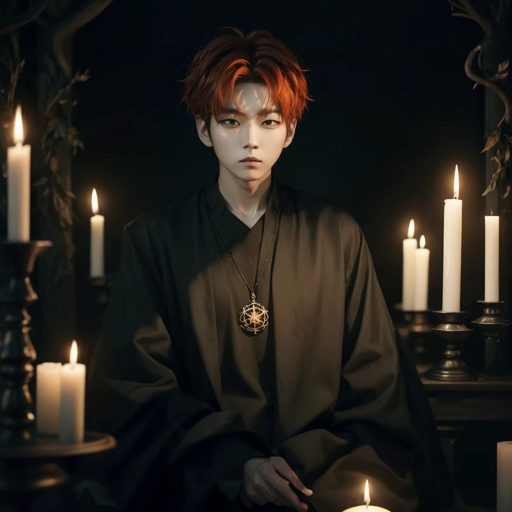 Hyunjun hur actor and kpop idol more realism in hair and clothing hair orange, Generate an image of a Korean Kpop idol with bright orange hair, dressed in a black shirt and a tunic of the same color, surrounded by dark witches and warlocks in a coven. The background must be dark and gloomy, lleno de velas y witchcraft symbols.Create a visual representation of a Korean Kpop actor, with a spinal crown on his head, dressed in a black tunic and black shirt in a coven setting. Around it, dark witches casting curses, with a shadowy forest full of candles as a backdrop.Produces an image where a Korean Kpop idol, recognizable by his bright orange hair, is immersed in an environment of witchcraft and curse. He is dressed in a black tunic and a dark shirt, surrounded by wizards and witches in a dark forest full of magical symbols.Korean kpop idol actor who is dressed in a black shirt, black tunic, with a crown of thorns on his head, he is in a witches coven, all dark witches, curse and witchcraft, the background that is dark dark, a black background in a forest full of candles and spells, witchcraft symbols, bright orange hair amidst candles at a coven.