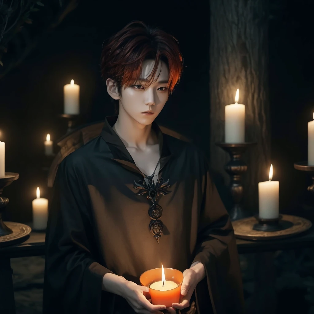 Hyunjun hur actor and kpop idol more realism in hair and clothing hair orange, Generate an image of a Korean Kpop idol with bright orange hair, dressed in a black shirt and a tunic of the same color, surrounded by dark witches and warlocks in a coven. The background must be dark and gloomy, lleno de velas y witchcraft symbols.Create a visual representation of a Korean Kpop actor, with a spinal crown on his head, dressed in a black tunic and black shirt in a coven setting. Around it, dark witches casting curses, with a shadowy forest full of candles as a backdrop.Produces an image where a Korean Kpop idol, recognizable by his bright orange hair, is immersed in an environment of witchcraft and curse. He is dressed in a black tunic and a dark shirt, surrounded by wizards and witches in a dark forest full of magical symbols.Korean kpop idol actor who is dressed in a black shirt, black tunic, with a crown of thorns on his head, he is in a witches coven, all dark witches, curse and witchcraft, the background that is dark dark, a black background in a forest full of candles and spells, witchcraft symbols, bright orange hair amidst candles at a coven. 