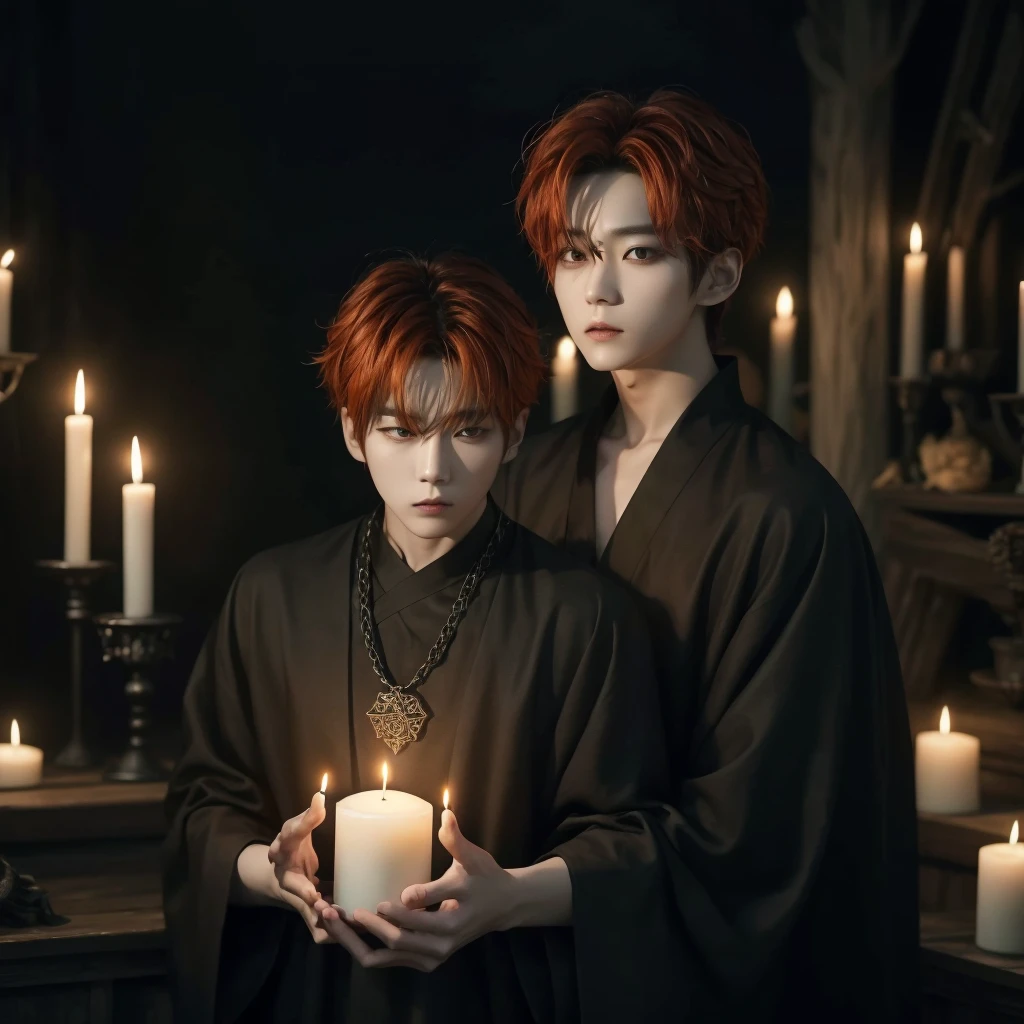 Hyunjun hur actor and kpop idol more realism in hair and clothing hair orange, Generate an image of a Korean Kpop idol with bright orange hair, dressed in a black shirt and a tunic of the same color, surrounded by dark witches and warlocks in a coven. The background must be dark and gloomy, lleno de velas y witchcraft symbols.Create a visual representation of a Korean Kpop actor, with a spinal crown on his head, dressed in a black tunic and black shirt in a coven setting. Around it, dark witches casting curses, with a shadowy forest full of candles as a backdrop.Produces an image where a Korean Kpop idol, recognizable by his bright orange hair, is immersed in an environment of witchcraft and curse. He is dressed in a black tunic and a dark shirt, surrounded by wizards and witches in a dark forest full of magical symbols.Korean kpop idol actor who is dressed in a black shirt, black tunic, with a crown of thorns on his head, he is in a witches coven, all dark witches, curse and witchcraft, the background that is dark dark, a black background in a forest full of candles and spells, witchcraft symbols, bright orange hair amidst candles at a coven. 
