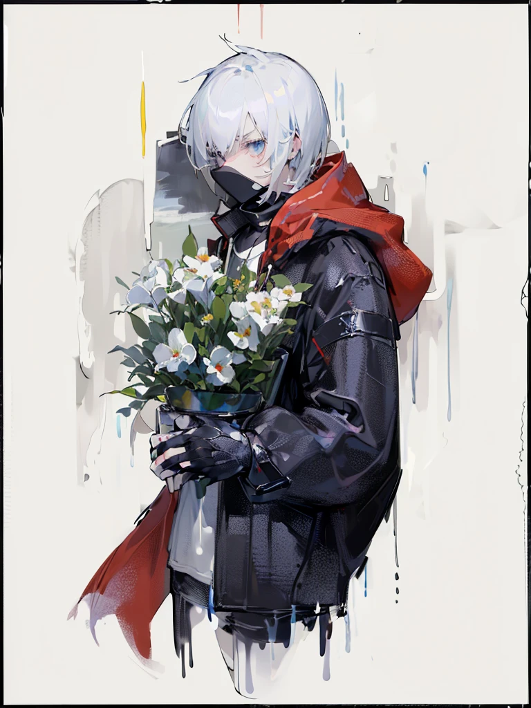 Masterpiece,Best quality,(A gloomy painting style:1.6),Solo,Boy,White hair,Short hair,(White shirt:1.4),((Face)) shirt,Shorts,Coat,Hood,Sneakers,Black coat,No breasts,Long sleeves,bangs,Fingerless gloves,Short hair,hair between eye,((gloomy expression)),(Pure black background:1.4),1 girl,(Holding something on one's chest)