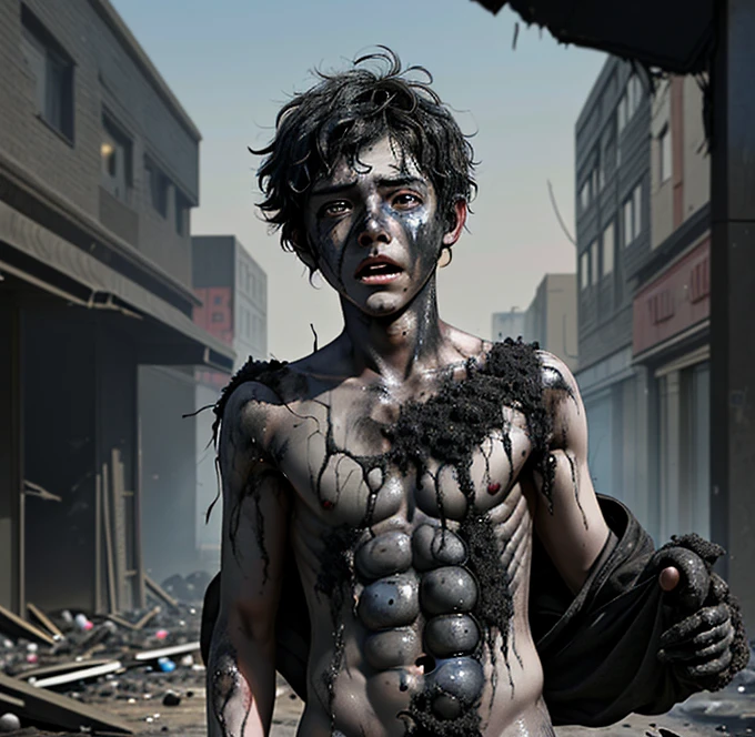 In a comedy, a boy is left in tatters and covered in soot after a bomb explodes.