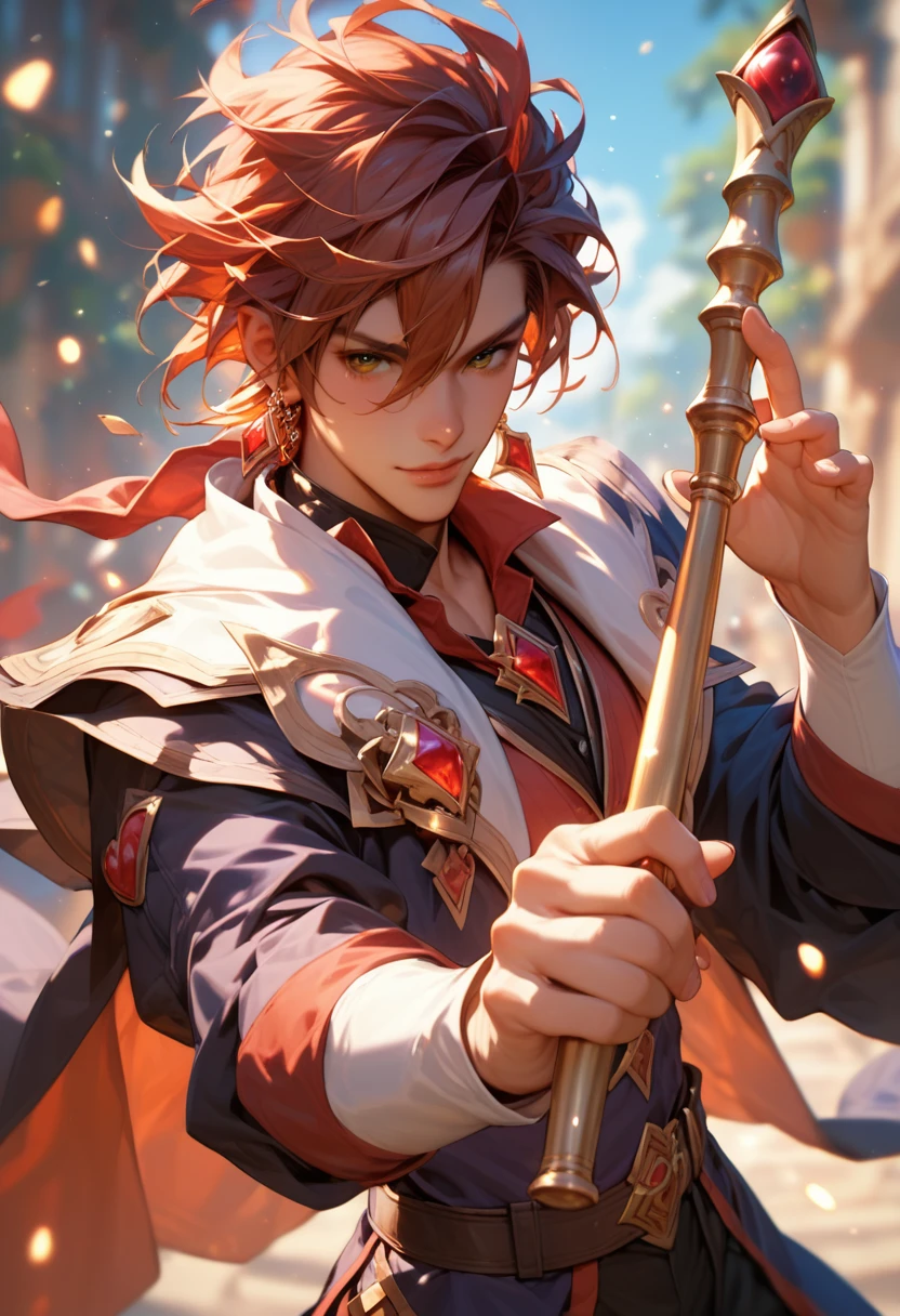 a magic wand of magician in fantasy style. red, black, gold