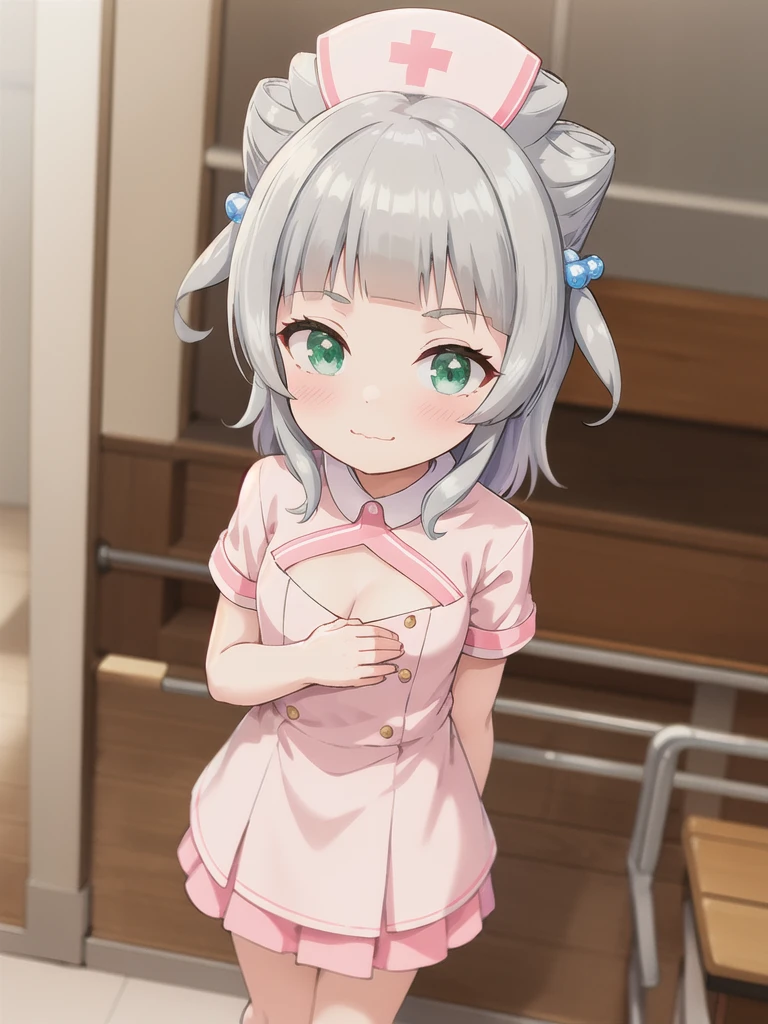 indoor,hospital,hospitalのベッド,Looking down from above,face focus, Green Eyes, Grey Hair, hair ornaments, bangs, Virtual YouTuber, Shine, blunt bangs, Double Bang, Animal ears, Flat Chest,Pink nurse uniform,Nurse hat,blush, (View your viewers),, smile, Are standing,cleavage cutout,1boy,faceless male,touch her breasts