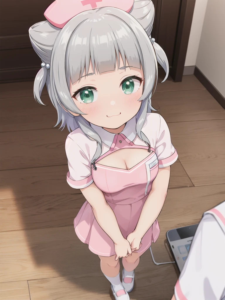 indoor,hospital,hospitalのベッド,Looking down from above,face focus, Green Eyes, Grey Hair, hair ornaments, bangs, Virtual YouTuber, Shine, blunt bangs, Double Bang, Animal ears, Flat Chest,Pink nurse uniform,Nurse hat,blush, (View your viewers),, smile, Are standing,cleavage cutout,1boy,faceless male,touch her breasts