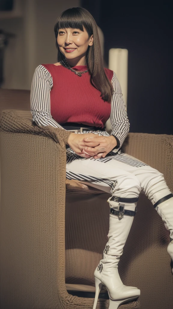 (Best Quality, Masterpiece, Photo realistic, Ultra Detailed, ultra high res, raw:1.3), (3girls), beautiful, Japanese, mature, 28yo, (tight knit, pencil skirt), (smile), long hair, bangs, high-waist, necklace, shopping mall, (long legs, high heels, full body:1.2), (big breasts:1.3)