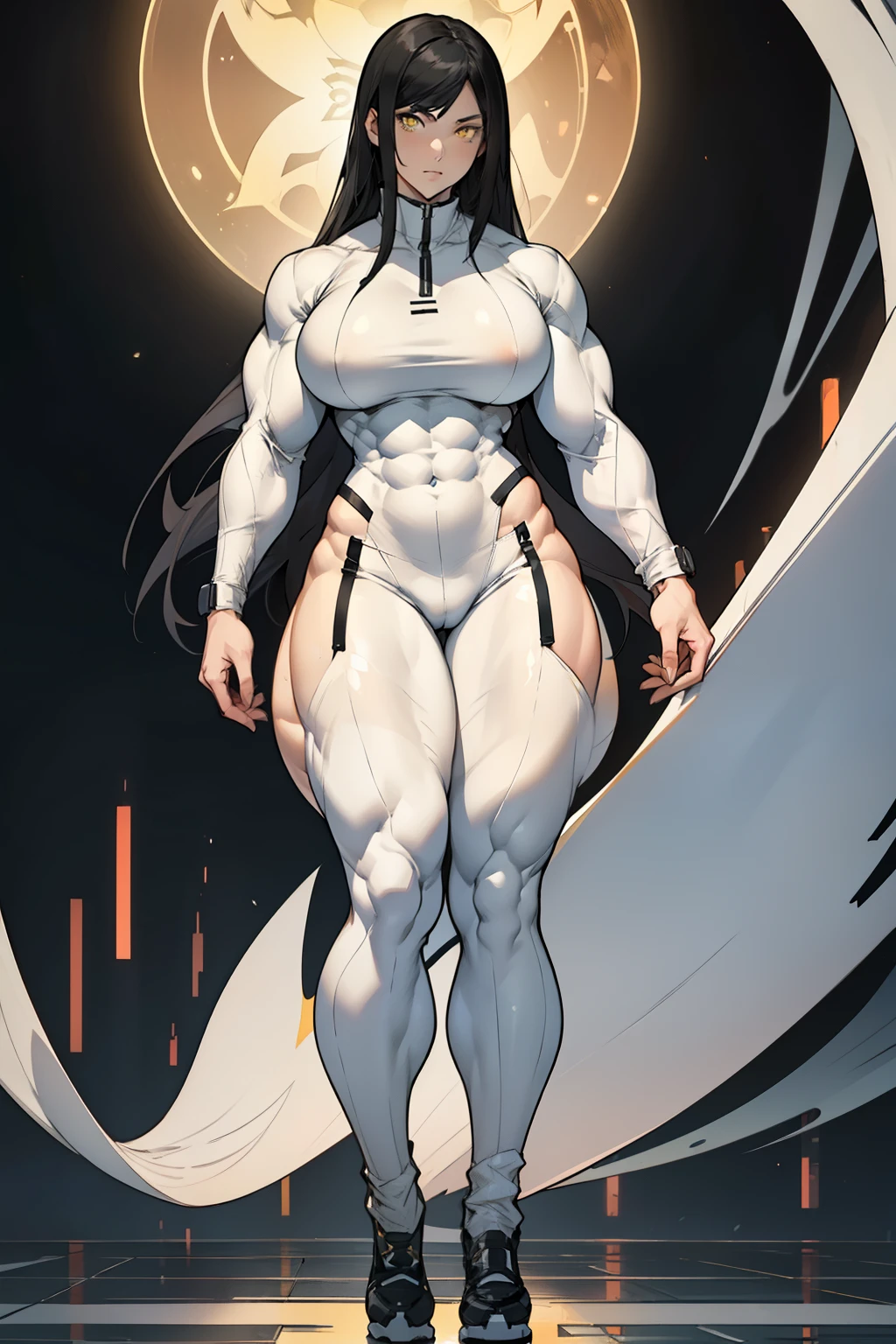 (((((1 girl))))), black hair, yellow eyes, very long hair, tall, pale skin, bodysuit, ((full body)), (solo), thin waist, ((((((muscular)))))), ((((huge breasts)))), ((((thick thighs))))