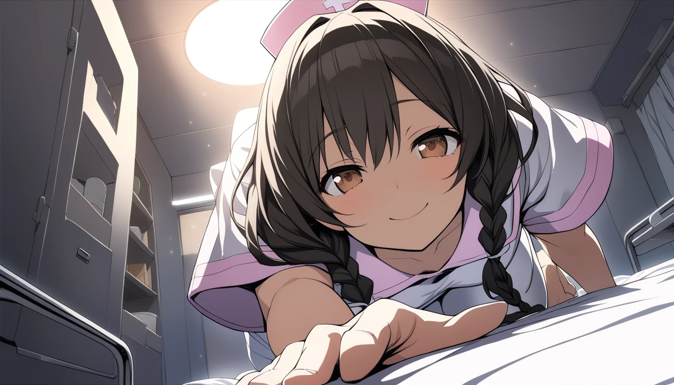 masterpiece,best Quality,ultra detailed,early anime style, Angle from below, 1girl, faded face, cute, kawaii, solo, pale pink and simple nurse costume,white lae tights, mischievous smile, beautiful brown eyes,pale black hair braid, all fours, leaning forward, (foreshortening:1.1), reach hand, at night, dark, strong lighting, backlighting, in hospital, Clinic room, bed, pyramid head,