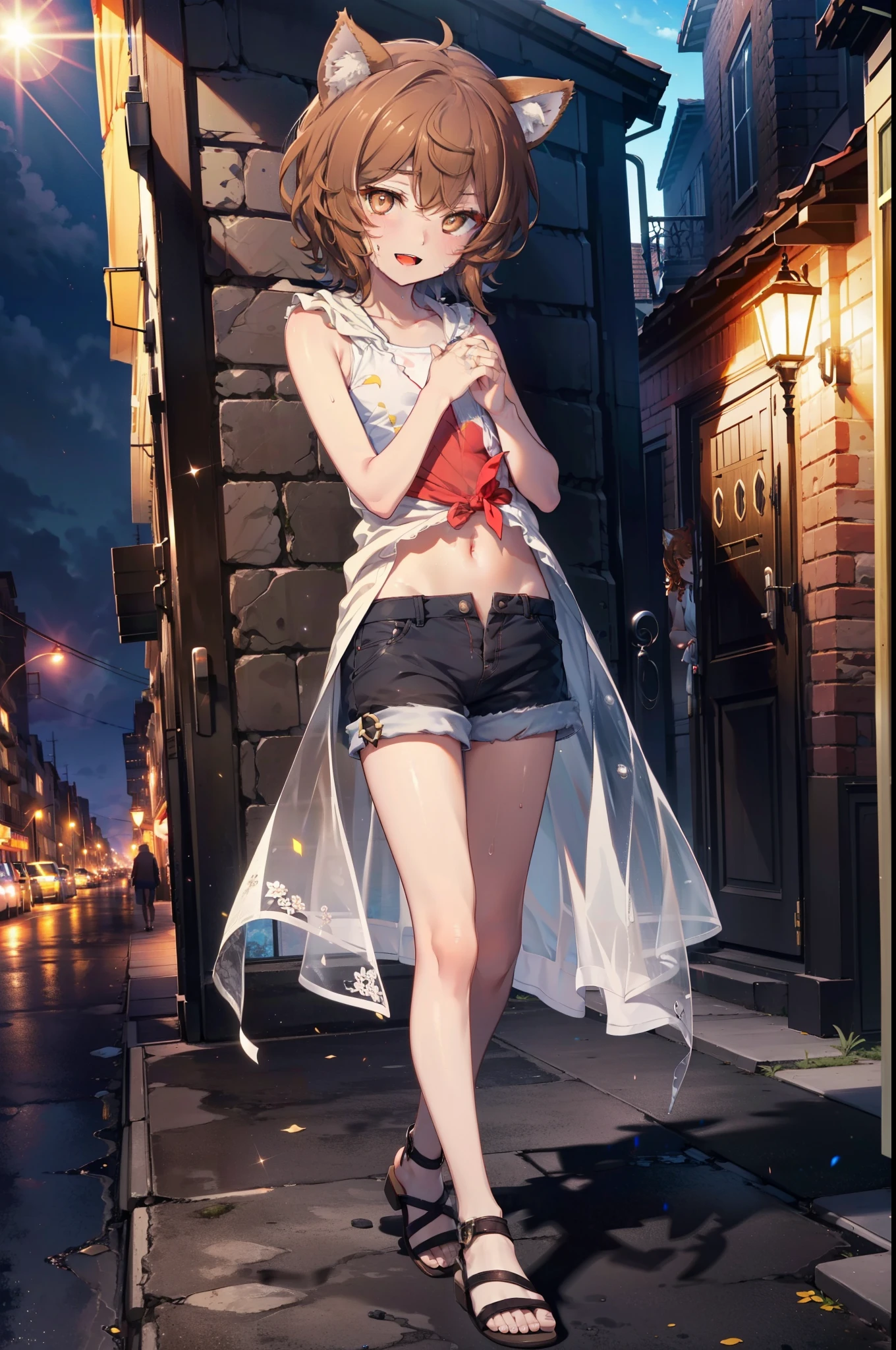 Lirilkaード, Lirilka, Animal ears, (Brown eyes:1.7), Brown Hair, (Flat Chest:1.2), happy smile, smile, Open your mouth,Sweat,,short hair,White Tank Top,Shorts,Cute Sandals ,Walking during the day,Clear skies, break looking at viewer, whole body, break outdoors ,Residential Street, break (masterpiece:1.2), Highest quality, High resolution, unity 8k wallpaper, (shape:0.8), (Beautiful and beautiful eyes:1.6), Highly detailed face, Perfect lighting, Highly detailed CG, (Perfect hands, Perfect Anatomy),