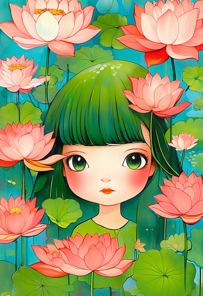 A  dressed in red was standing in a lotus pond, holding a large lotus leaf in her hand. It was raining in the sky, the
illustration is drawn with colorful lines in a flat style, with green as the main tone of the background,looking down from the sky, K