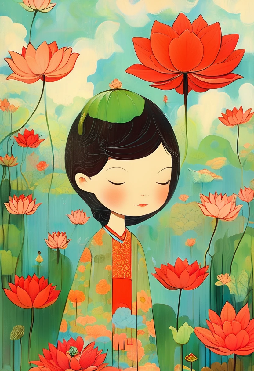 A little girl dressed in red was standing in a lotus pond, holding a large lotus leaf in her hand. It was raining in the sky, the
illustration is drawn with colorful lines in a flat style, with green as the main tone of the background,looking down from the sky, K
