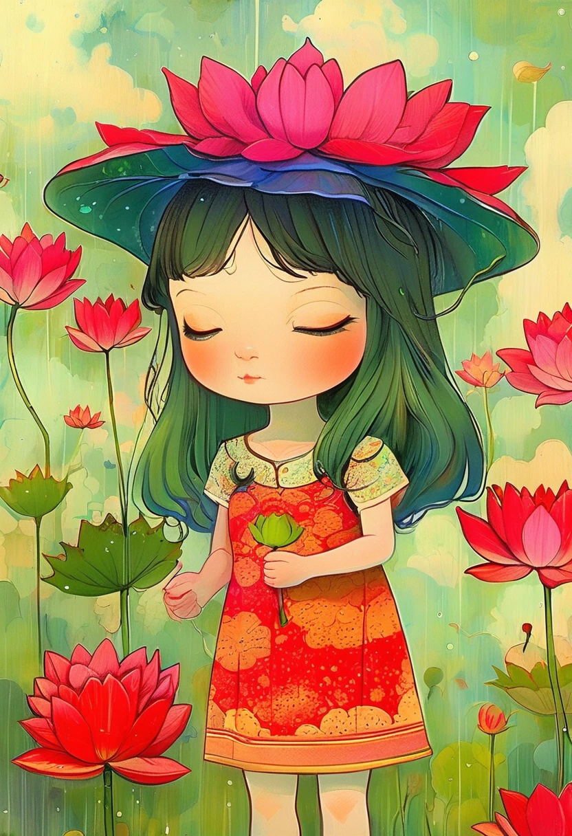 A little girl dressed in red was standing in a lotus pond, holding a large lotus leaf in her hand. It was raining in the sky, the
illustration is drawn with colorful lines in a flat style, with green as the main tone of the background,looking down from the sky, K