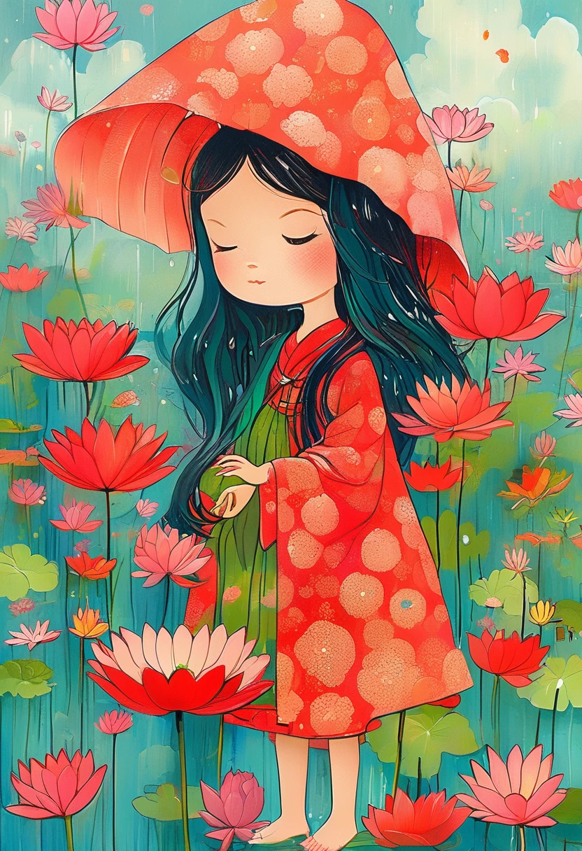 A *********** dressed in red was standing in a lotus pond, holding a large lotus leaf in her hand. It was raining in the sky, the
illustration is drawn with colorful lines in a flat style, with green as the main tone of the background,looking down from the sky, K