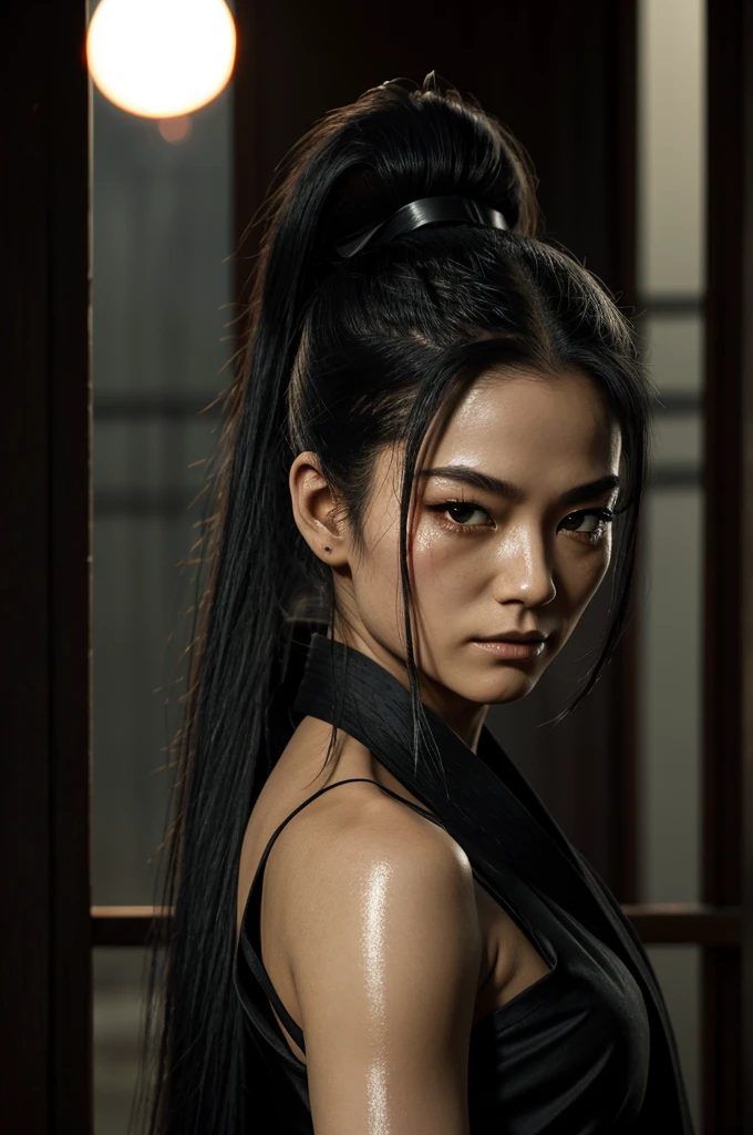 with her black kimono stained with blood, standing among fallen bodies. Her long hair in a ponytail moves with the breeze., and his scar on his left eye is prominent.
• Details: His black katana shines with a dark glow under the light of the setting sun.. The look in his black eyes is deep and full of determination..