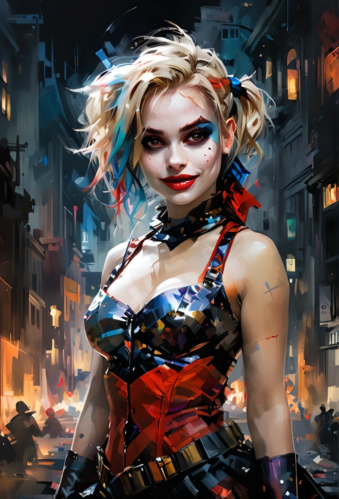 Masterpiece Illustration, high quality, high resolution 16k, a painting of Harley Quinn with a smile on it's face, finnish cartoon, cgi art, oil painting, inspired by Mort Künstler, exaggerated expression, black background hyperrealism, by Václav Brožík, insane face, by Koloman Sokol, serious cartoon, cgi society, author unknown, incredulous, realistic texture,