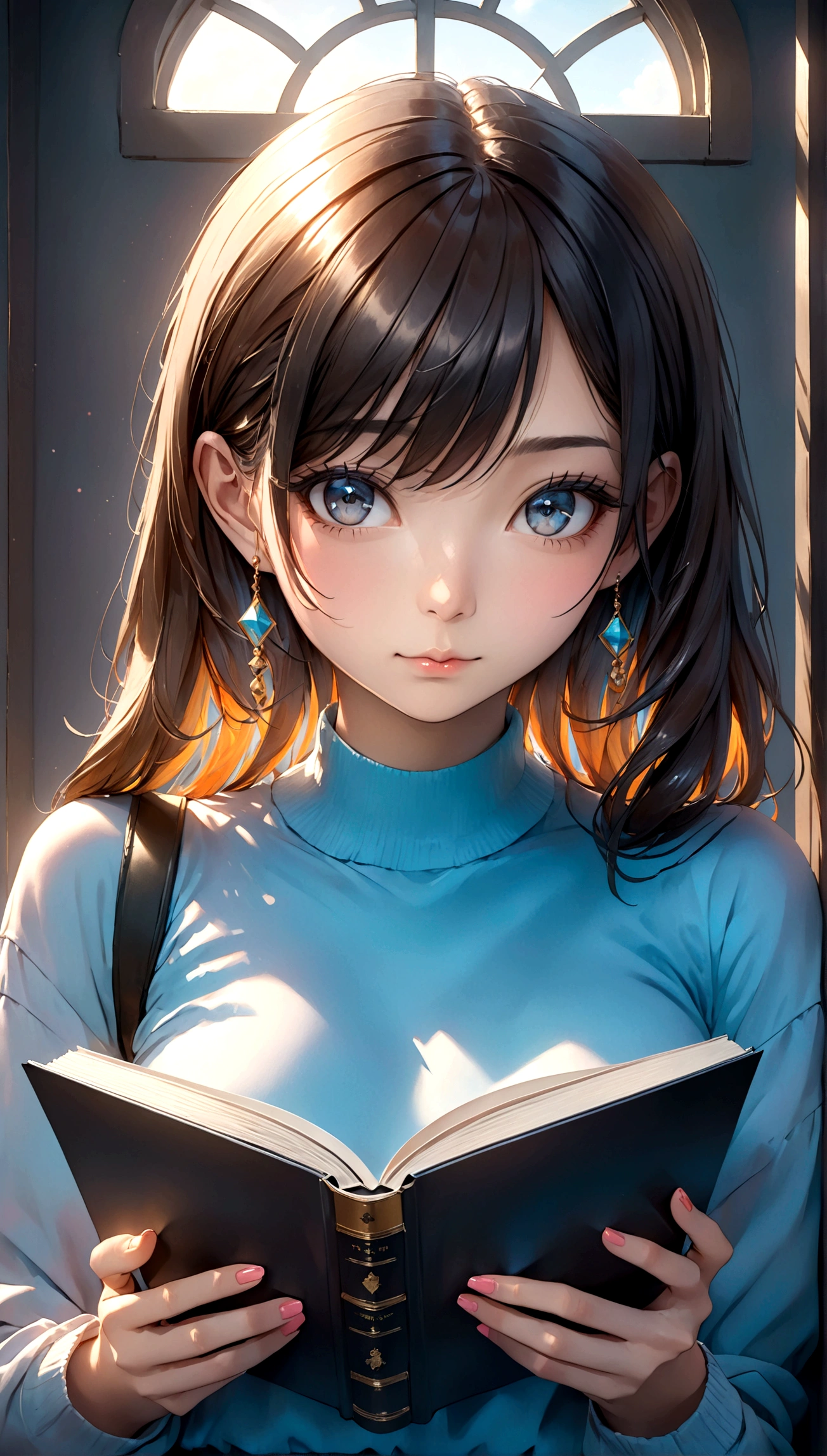 8K portrait of a beautiful young woman in a J-POP style, feeling motivated while reading a self-help book, extremely detailed, high quality, ultra-high resolution, photorealistic, masterpiece, cinematic composition, trending on ArtStation.