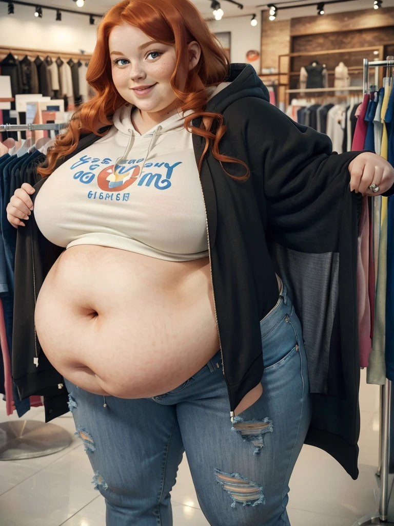 A happy photo of a young cute redhead bbw with long wavy ginger hair, huge soft fat belly, wide fat obese hips, thick fat legs and fat arms, cute pretty face, small breasts, blue eyes, freckles, in a cute long tight covering hoodie with a little belly showing under it, and long ripped jeans trousers, holding her belly in a clothes shop