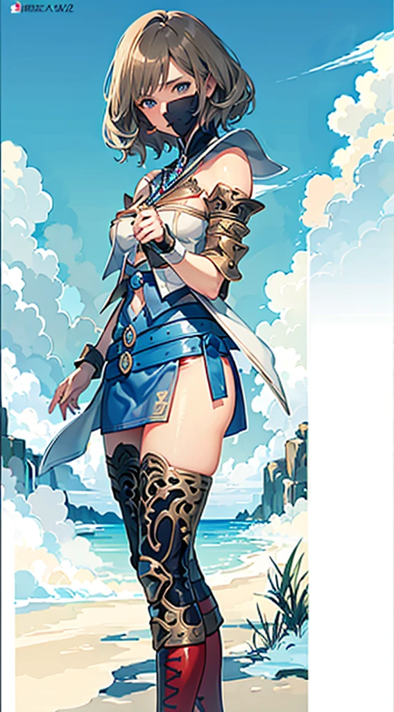 (cowboy shot, masutepiece, of the highest quality, Official art, Beautiful and aesthetic:1.2), ighly detailed, Colorful, highest details, Illustrations, Everyday scenery, 1girl in, Solo, (Detailed face, Detailed eyes, navel, large boob, Final Fantasy 12, Ashelia, shorth hair, short-hair, Ashelia Costume, Red mini skirt, thighs thighs thighs thighs, Knee socks that cover up to the shin, jewely), (Blue belt, one), is standing, Medieval fantasy, move chart, Best Quality, 4K, anatomically correct