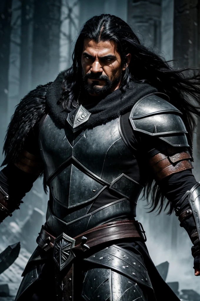 A dark and intimidating warrior, Hernán has an aura of danger and power. He's tall and sturdy, with obvious musculature. Her hair is black and shaggy, matching dark eyes that glow with intense anger. His armor is dark and imposing, made of black metal with deep red details, reflecting his malevolent nature. He wields an ice spear, that emits a cold, menacing glow. Your face is contorted into a wicked smile, and his expression is one of pure malice and relentless determination. Hernán exudes an oppressive presence, ready to destroy anyone who opposes him.