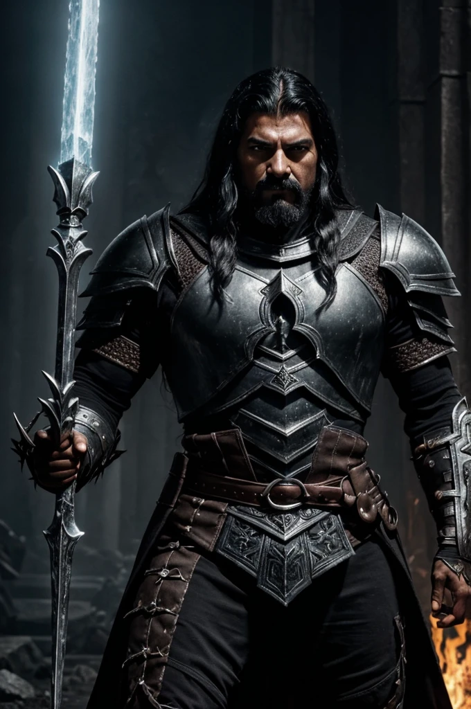 A dark and intimidating warrior, Hernán has an aura of danger and power. He's tall and sturdy, with obvious musculature. Her hair is black and shaggy, matching dark eyes that glow with intense anger. His armor is dark and imposing, made of black metal with deep red details, reflecting his malevolent nature. He wields an ice spear, that emits a cold, menacing glow. Your face is contorted into a wicked smile, and his expression is one of pure malice and relentless determination. Hernán exudes an oppressive presence, ready to destroy anyone who opposes him.
