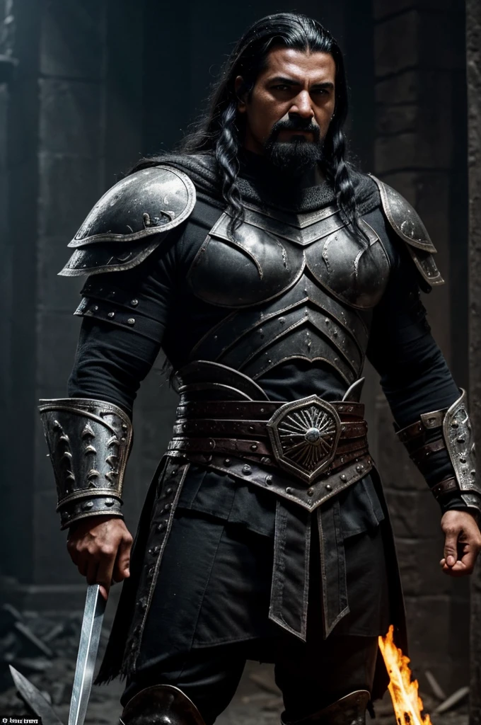 A dark and intimidating warrior, Hernán has an aura of danger and power. He's tall and sturdy, with obvious musculature. Her hair is black and shaggy, matching dark eyes that glow with intense anger. His armor is dark and imposing, made of black metal with deep red details, reflecting his malevolent nature. He wields an ice spear, that emits a cold, menacing glow. Your face is contorted into a wicked smile, and his expression is one of pure malice and relentless determination. Hernán exudes an oppressive presence, ready to destroy anyone who opposes him.