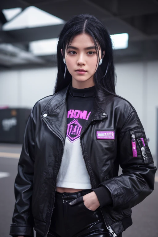 One girl, Black Hair, Long Hair, Techwear masterpiece, Highest quality, Realistic, realism, Dark purple jacket, Portraiture, Fine grain, Wearing the headset, Fashion pose, Half Body, Wide shot, on the road, cyber punk