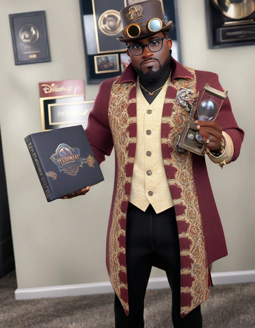 handsome black man, slim face, steampunk hat, glasses, slim body, disney, pixar, (Pixar style), Disney style, (masterpiece:1.2), (best quality) (detailed skin) (detailed texture) (8k) (cinematic lighting) (sharp focus)