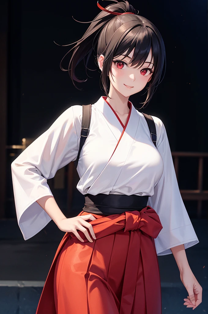 (masterpiece; best quality: 1.2), (finely detailed eyes: 1.3), ((25 year old woman)), ((solo)), (red eyes: 1.4), (body; lithe, slender, femenine: 1.3), (black hair in ponytail: 1.3), (beautiful and clear background: 1.2), ((depth of field)), (clothes: ronin attire + black-and-white hakama + red sash: 1.3), (anime illustration: 1.2), (background; kendo dojo + night time: 1.1), (extremely fine and beautiful: 1.1), (shot composition; standing + centered on torso + close-up: 1.5), (expression; calm, smile: 1.2)