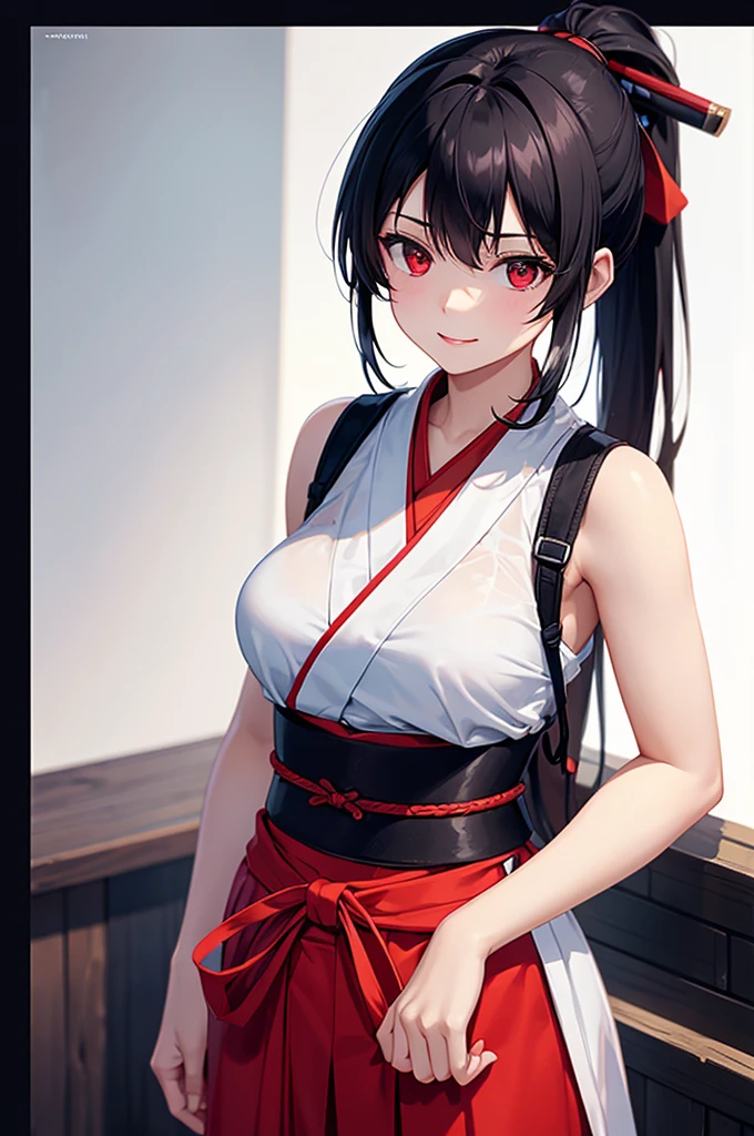 (masterpiece; best quality: 1.2), (finely detailed eyes: 1.3), ((25 year old woman)), ((solo)), (red eyes: 1.4), (body; lithe, slender, femenine: 1.3), (black hair in ponytail: 1.3), (beautiful and clear background: 1.2), ((depth of field)), (clothes: ronin attire + black-and-white hakama + red sash: 1.3), (anime illustration: 1.2), (background; kendo dojo + night time: 1.1), (extremely fine and beautiful: 1.1), (shot composition; standing + centered on torso + close-up: 1.5), (expression; calm, smile: 1.2)