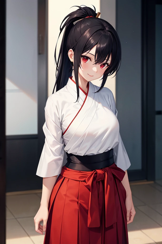 (masterpiece; best quality: 1.2), (finely detailed eyes: 1.3), ((25 year old woman)), ((solo)), (red eyes: 1.4), (body; lithe, slender, femenine: 1.3), (black hair in ponytail: 1.3), (beautiful and clear background: 1.2), ((depth of field)), (clothes: ronin attire + black-and-white hakama + red sash: 1.3), (anime illustration: 1.2), (background; kendo dojo + night time: 1.1), (extremely fine and beautiful: 1.1), (shot composition; standing + centered on torso + close-up: 1.5), (expression; calm, smile: 1.2)