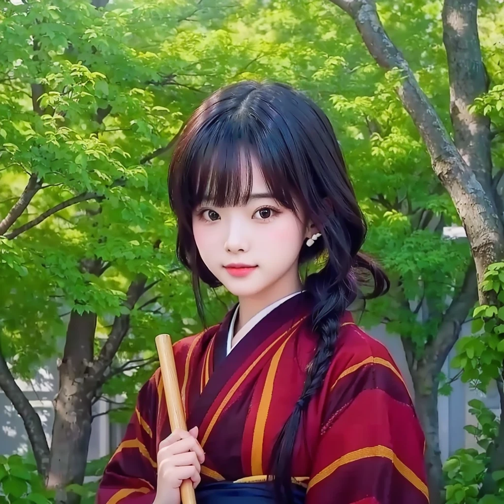 cute girl in a red kimono holding a yellow umbrella, realistic 4K