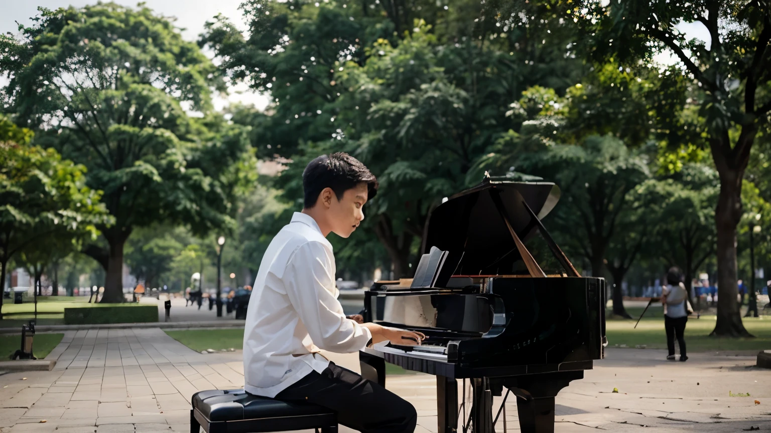 Please make a picture of a young Indonesian male musician playing the piano in the park and facing the camera