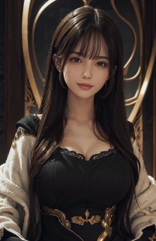 (Ultra Realistic), (Illustration), (Increased Resolution), (8K), (Extremely Detailed), (Best Illustration), (Beautiful and Detailed Eyes), (Best Quality), (Ultra Detailed), (Masterpiece ), ( wallpaper), (detailed face), solo, 1 girl, looking at viewer, fine details, detailed face, in the dark, deep shadows, low key, pureerosfaceace_v1, smiling, long hair, black shawl straight hair , 46 points oblique bangs