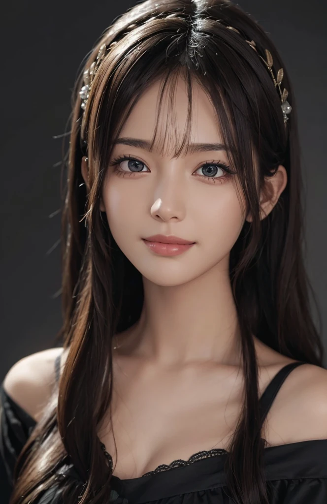 (Ultra Realistic), (Illustration), (Increased Resolution), (8K), (Extremely Detailed), (Best Illustration), (Beautiful and Detailed Eyes), (Best Quality), (Ultra Detailed), (Masterpiece ), ( wallpaper), (detailed face), solo, 1 girl, looking at viewer, fine details, detailed face, in the dark, deep shadows, low key, pureerosfaceace_v1, smiling, long hair, black shawl straight hair , 46 points oblique bangs