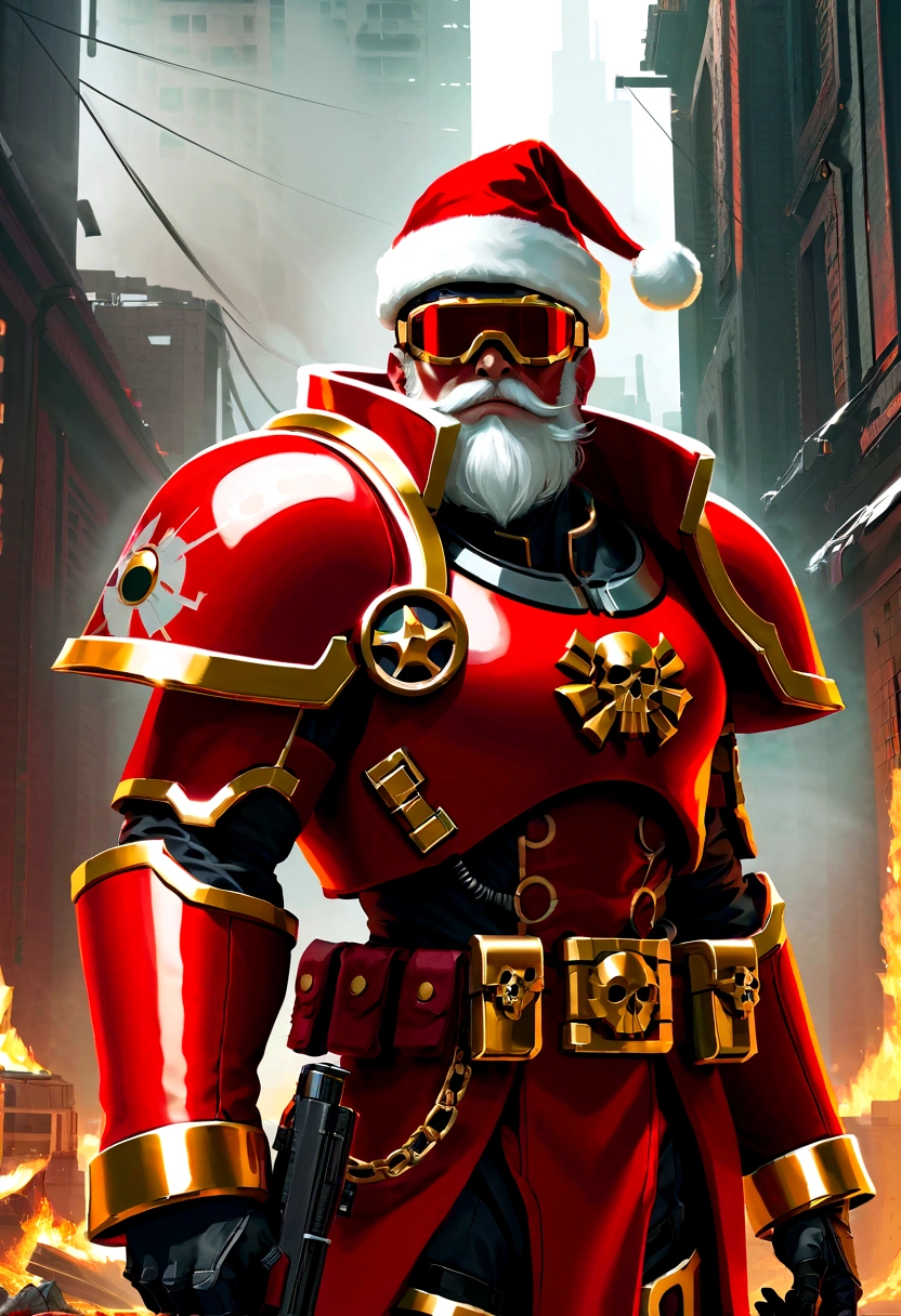Warhammer 40k,A Santa Claus,Upper body portrait,Red and gold mechanized armor suit,Glowing Sunglasses,Santa hat,War-torn environment,Destroyed buildings and flames,Future Cityscape Background,A grim and dangerous atmosphere,Sci-fi cyberpunk aesthetics,