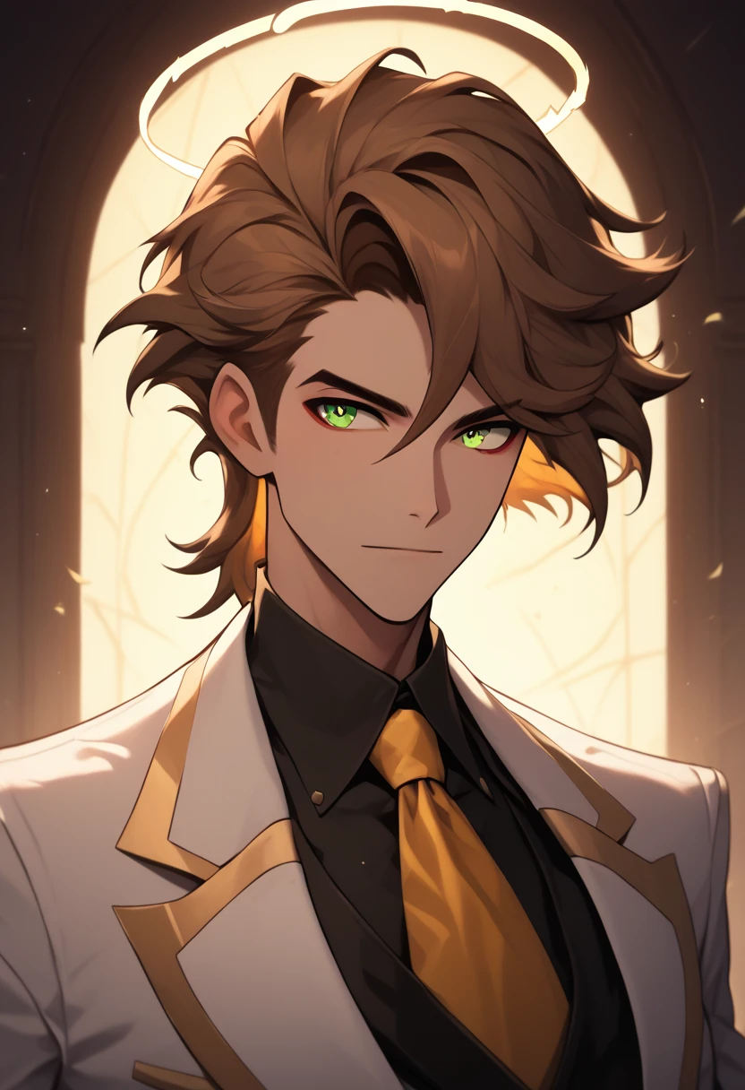 (masterpiece), best quality, expressive eyes, perfect face ,male focus, 1boy, solo, brown hair, medium hair, clean hair, tall, angel, heavenly host, Soldier, halo, green eyes, long sleeves, white suit, golden tie, golden shoulders, hazbin hotel
