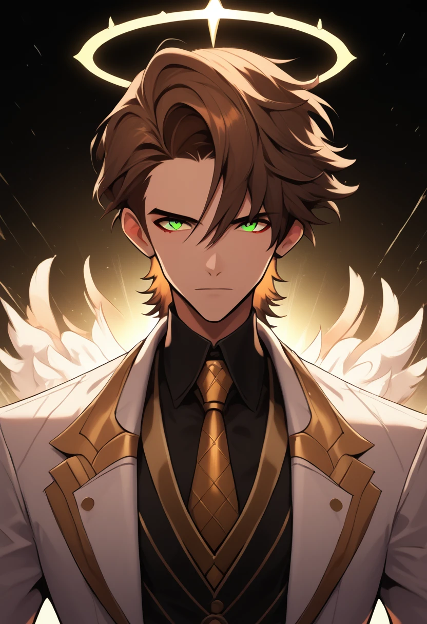 (masterpiece), best quality, expressive eyes, perfect face ,male focus, 1boy, solo, brown hair, medium hair, clean hair, tall, angel, heavenly host, Soldier, halo, green eyes, long sleeves, white suit, golden tie, golden shoulders, hazbin hotel
