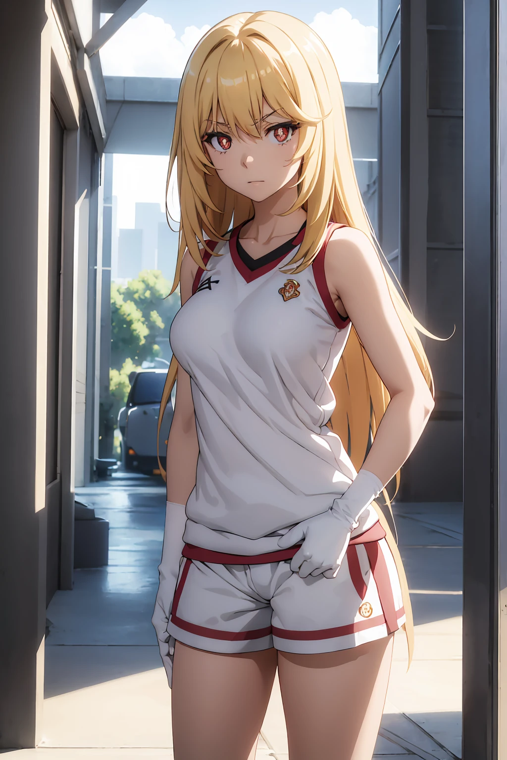 NSFW Highest quality, (masterpiece:1.2),misakishokuhou, misaki shokuhou, blonde, Hair between the eyes, Long Hair, (Symbol-shaped pupil:1.5)＋＋, (Big Breasts), break bare shoulders, gloves, gym shirt, gym Shorts, Gym suit, shirt, short Shorts, Shorts, Sleeveless, Sleeveless shirt, Knee socks, tokiwadai school Gym suit, white gloves, white shirt, white Shorts, white Knee socks, break outdoor, city, null, sun, cloud, break looking at viewer, (Cowboy Shot:1.5), break (masterpiece:1.2), Highest quality, High resolution, unity 8k wallpaper, (shape:0.8), (Beautiful attention to detail:1.6), Highly detailed face, Perfect lighting, Extremely detailed CG, (Perfect hands, Perfect Anatomy),shirtリフト　{{topless}}