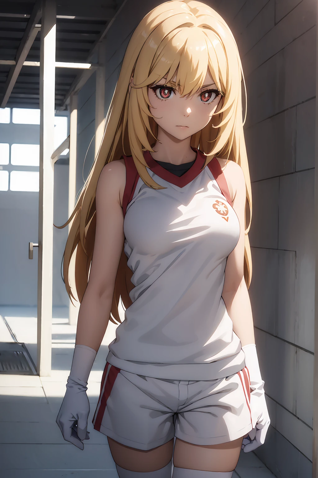 NSFW Highest quality, (masterpiece:1.2),misakishokuhou, misaki shokuhou, blonde, Hair between the eyes, Long Hair, (Symbol-shaped pupil:1.5)＋＋, (Big Breasts), break bare shoulders, gloves, gym shirt, gym Shorts, Gym suit, shirt, short Shorts, Shorts, Sleeveless, Sleeveless shirt, Knee socks, tokiwadai school Gym suit, white gloves, white shirt, white Shorts, white Knee socks, break outdoor, city, null, sun, cloud, break looking at viewer, (Cowboy Shot:1.5), break (masterpiece:1.2), Highest quality, High resolution, unity 8k wallpaper, (shape:0.8), (Beautiful attention to detail:1.6), Highly detailed face, Perfect lighting, Extremely detailed CG, (Perfect hands, Perfect ???????),shirtリフト　{{topless}}