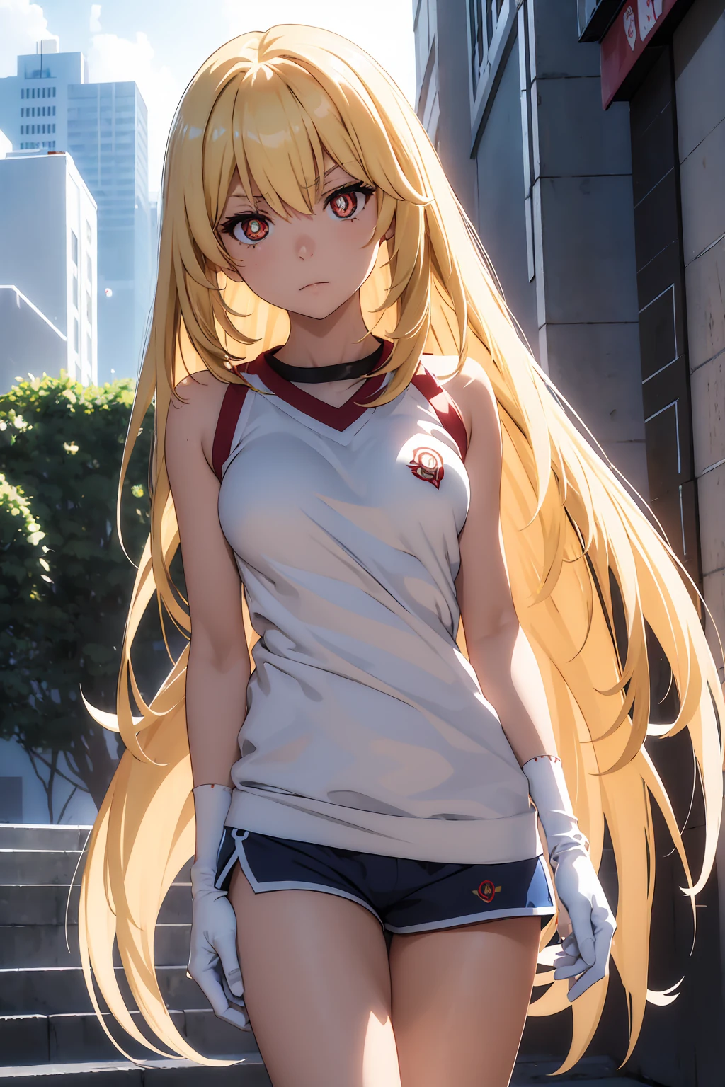 NSFW Highest quality, (masterpiece:1.2),misakishokuhou, misaki shokuhou, blonde, Hair between the eyes, Long Hair, (Symbol-shaped pupil:1.5)++, (Big Breasts), break bare shoulders, gloves, gym shirt, gym Shorts, Gym suit, shirt, short Shorts, Shorts, Sleeveless, Sleeveless shirt, Knee socks, tokiwadai school Gym suit, white gloves, white shirt, white Shorts, white Knee socks, break outdoor, city, null, sun, cloud, break looking at viewer, (Cowboy Shot:1.5), break (masterpiece:1.2), Highest quality, High resolution, unity 8k wallpaper, (shape:0.8), (Beautiful attention to detail:1.6), Highly detailed face, Perfect lighting, Extremely detailed CG, (Perfect hands, Perfect Anatomy),shirtリフト {{topless}}