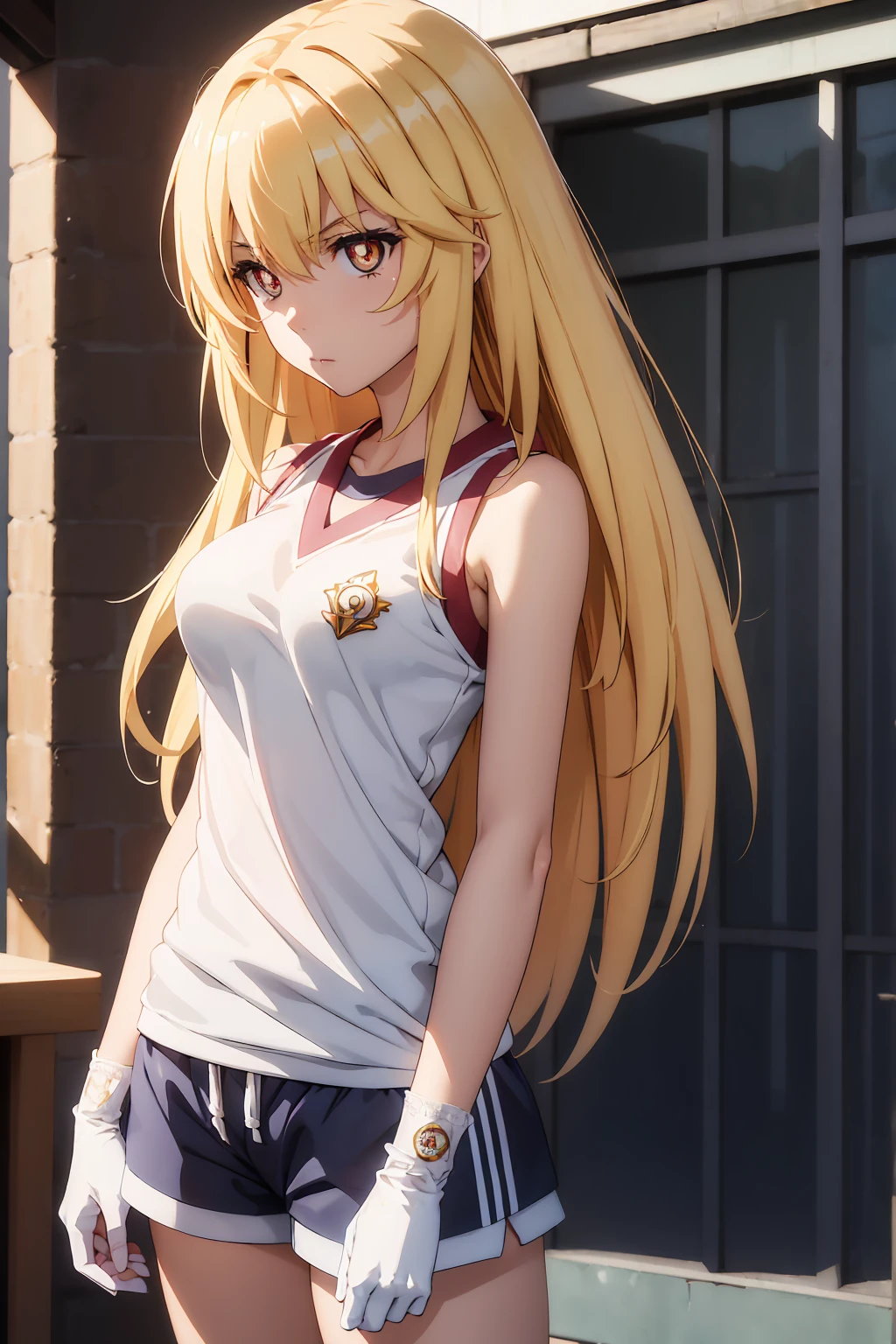 NSFW Highest quality, (masterpiece:1.2),misakishokuhou, misaki shokuhou, blonde, Hair between the eyes, Long Hair, (Symbol-shaped pupil:1.5)++, (Big Breasts), break bare shoulders, gloves, gym shirt, gym Shorts, Gym suit, shirt, short Shorts, Shorts, Sleeveless, Sleeveless shirt, Knee socks, tokiwadai school Gym suit, white gloves, white shirt, white Shorts, white Knee socks, break outdoor, city, null, sun, cloud, break looking at viewer, (Cowboy Shot:1.5), break (masterpiece:1.2), Highest quality, High resolution, unity 8k wallpaper, (shape:0.8), (Beautiful attention to detail:1.6), Highly detailed face, Perfect lighting, Extremely detailed CG, (Perfect hands, Perfect Anatomy),shirtリフト {{topless}}