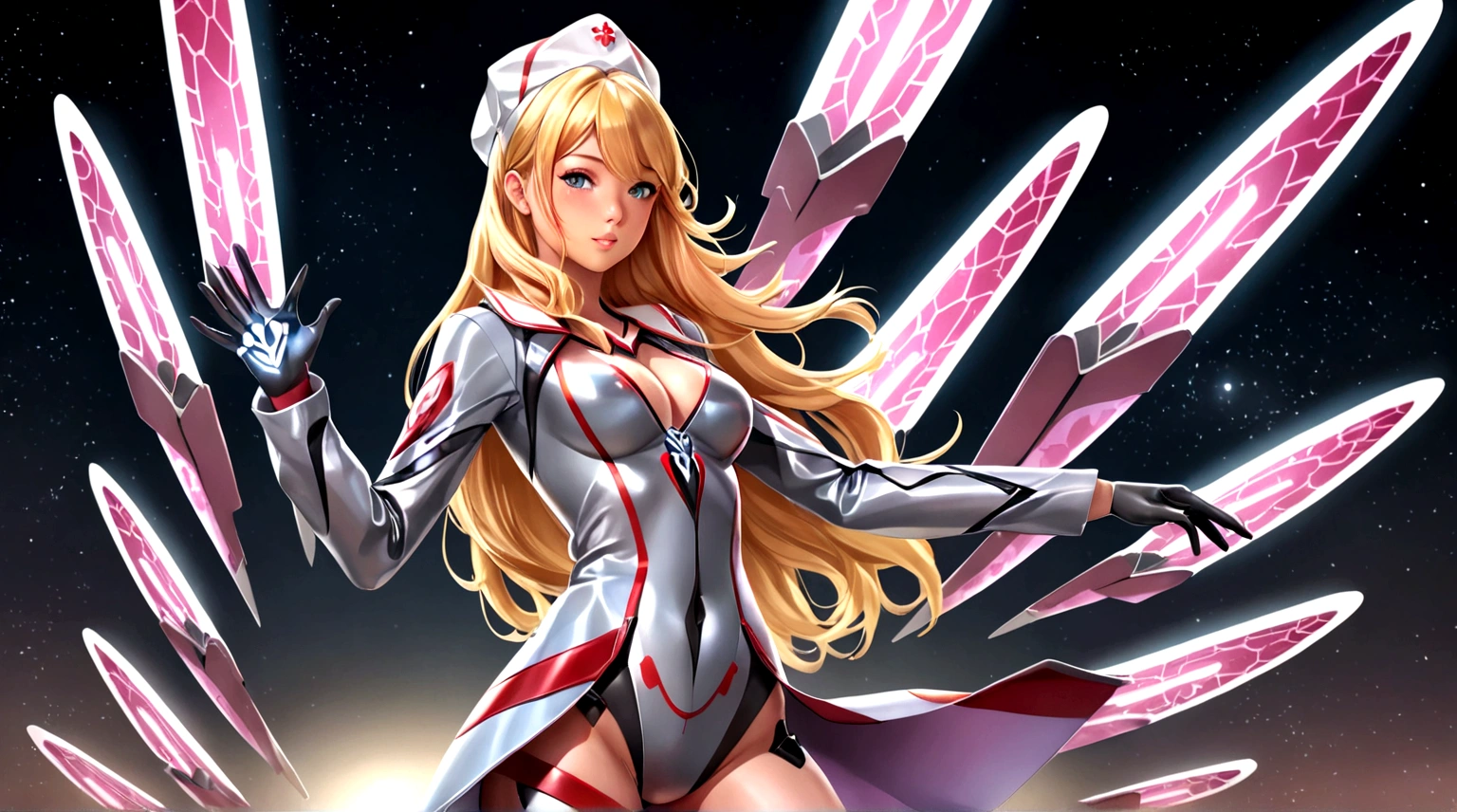 (8k, best quality, masterpiece:1.2), (realistic, photo-realistic:1.37), ultra-detailed, A detailed portrait of 1 girl 18 year old, cute girl, british girl, futuristic outfit, medical gown, medical cap, pale skin, perfect body, blue eyes, blond hair. The scene is illuminated with professional lighting, photon mapping, and radiosity, with Tetsuya Nomura Style. Blur bokeh effect, realistic light, sexy girl.