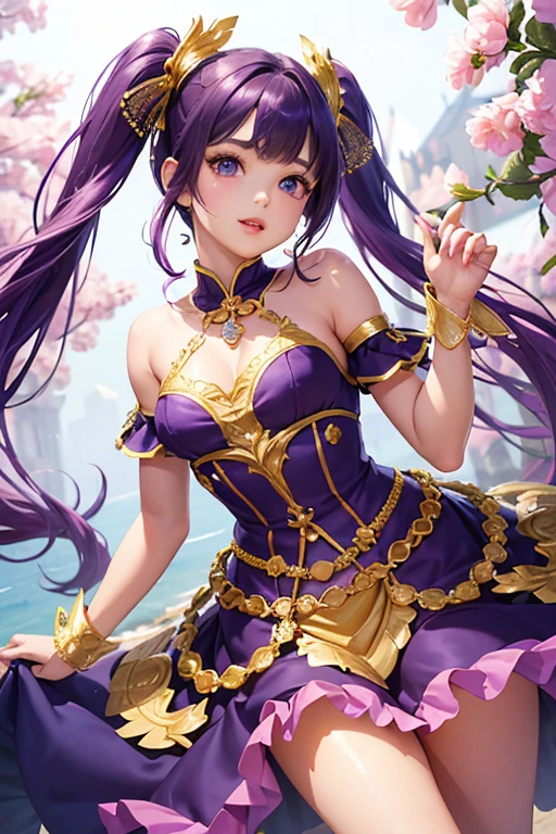 Highest quality、Highest quality、Masterpiece、woman1people、Purple shiny decollete dress、Golden embroidery、Frill mini skirt dress、Perfect body line、Adorable poses、Realistic、Glowing Skin、Groomed eyebrows、Pink Lips、Blue Eyes、Twin tails、delicate、Shiny Hair、detailed、Skirt in the wind、