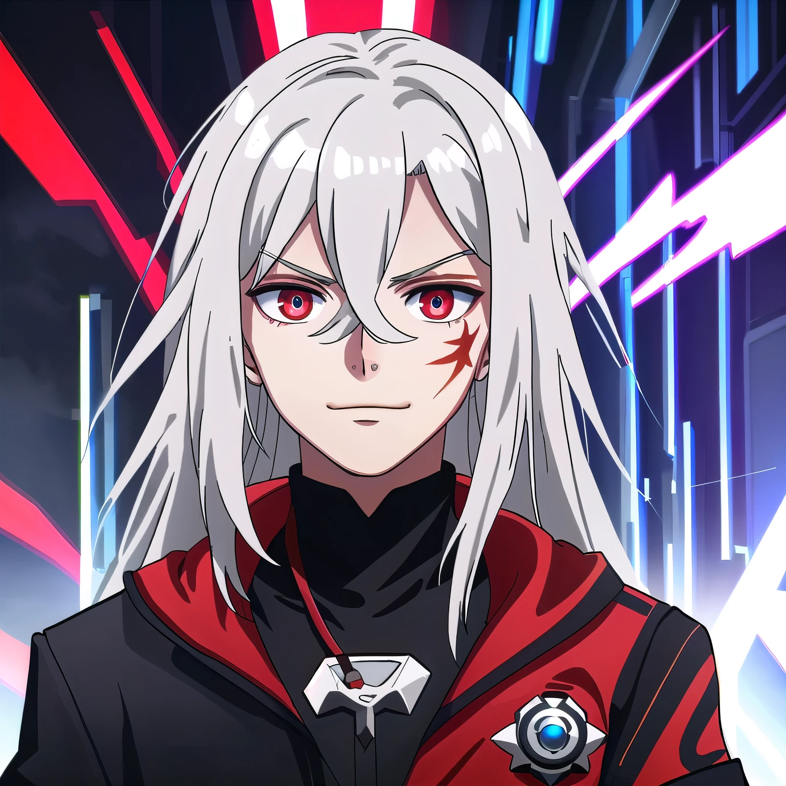 (high-quality, breathtaking),(expressive eyes, perfect face) portrait, Symmetrical Eyes, 1boy, male, teenager, solo, looking at viewer, portrait, grey background, allen walker, red eye color, white hair, scar, facial mark, halfbody shot, long hair length, confident expression, charming, black and red jacket, hood, red trim, smirk, cyberpunk cothing, Abzu
