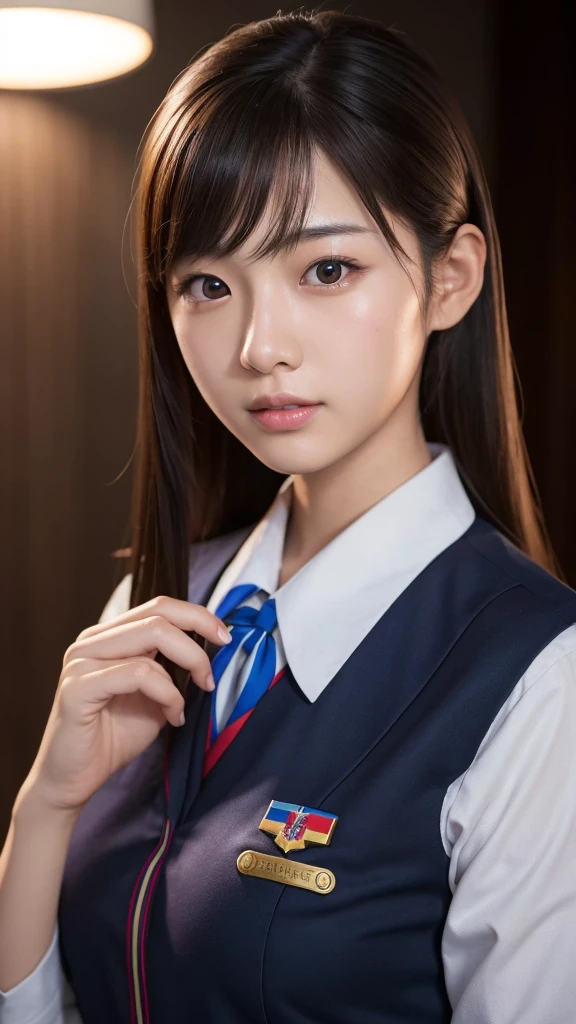 A beautiful young Japanese woman, around 20 years old, wearing a stewardess uniform, ultra-detailed, 8K resolution, highly realistic, cinematic lighting, best quality, masterpiece, photorealistic, physically-based rendering, extremely detailed, vivid colors, professional, sharp focus, studio lighting