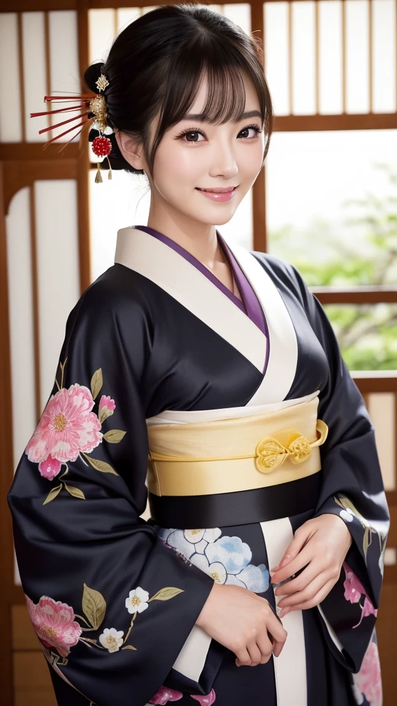 (Super beautiful woman in kimono)、((highest quality、8K masterpiece:1.3))、sharp focus:1.2、(super beautiful face:1.0)、(shiny skin:1.0)、realistic pictures、black hair、video lighting、High resolution eyes and face、video lighting、japanese actress、from the front、with a happy smile、whole body、wearing a kimono、in Kyoto、(luxury obi)、with a fan