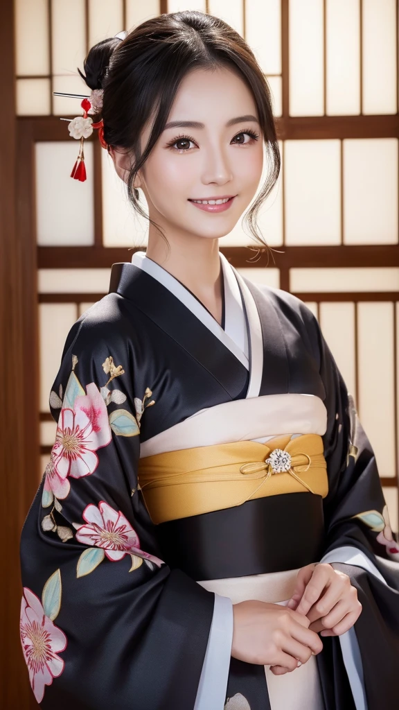 (Super beautiful woman in kimono)、((highest quality、8K masterpiece:1.3))、sharp focus:1.2、(super beautiful face:1.0)、(shiny skin:1.0)、realistic pictures、black hair、video lighting、High resolution eyes and face、video lighting、japanese actress、from the front、with a happy smile、whole body、wearing a kimono、in Kyoto、(luxury obi)、with a fan