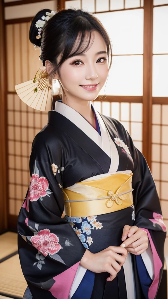 (Super beautiful woman in kimono)、((highest quality、8K masterpiece:1.harp focus:1.2、(subeautiful face:1.0)、(shiny skin:1.0)、realistic pictures、black hair、video lighting、High resolution eyes and face、video lighting、japanese actress、from the front、with a happy smile、whole body、wearing a kimono、in Kyoto、(luxury obi)、with a fan