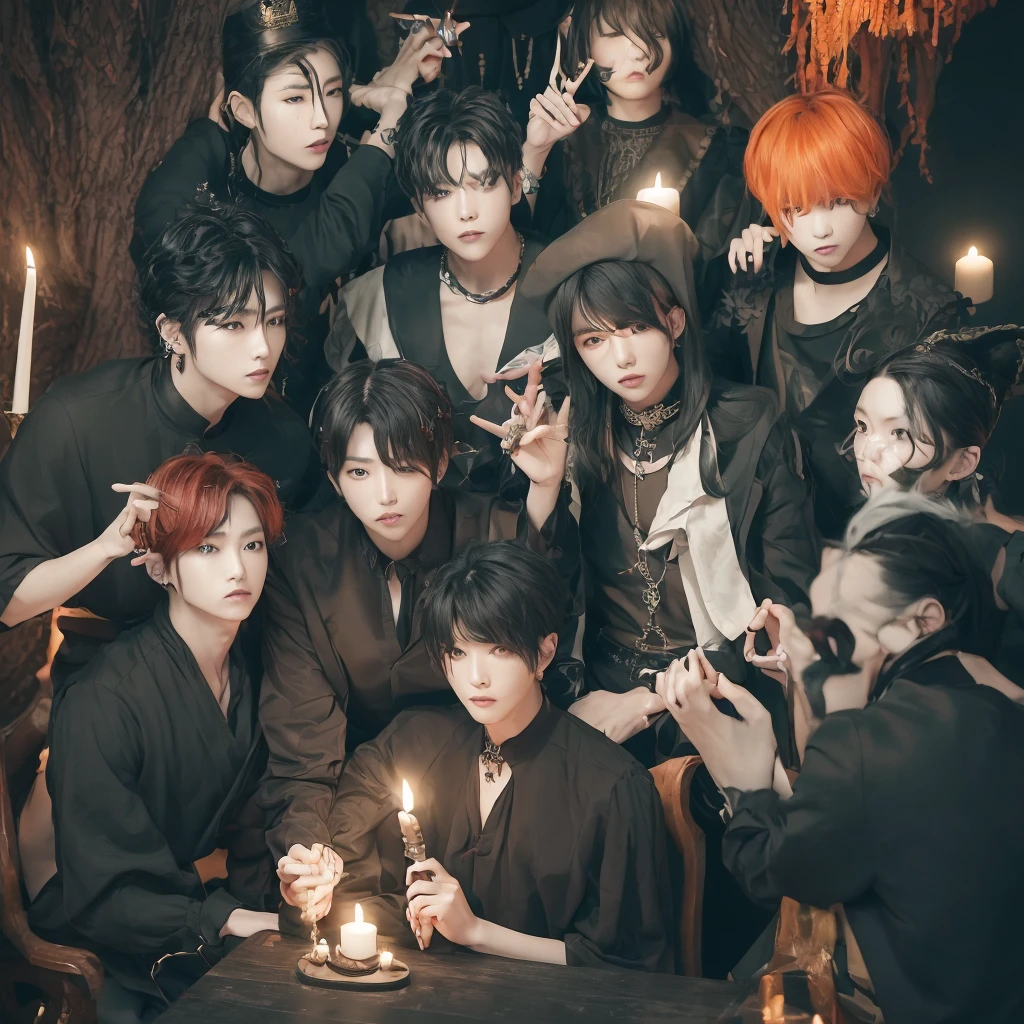 Hyunjun hur actor and kpop idol more realism in hair and clothing hair orange, Generate an image of a Korean Kpop idol with bright orange hair, dressed in a black shirt and a tunic of the same color, surrounded by dark witches and warlocks in a coven. The background must be dark and gloomy, lleno de velas y witchcraft symbols.Create a visual representation of a Korean Kpop actor, with a spinal crown on his head, dressed in a black tunic and black shirt in a coven setting. Around it, dark witches casting curses, with a shadowy forest full of candles as a backdrop.Produces an image where a Korean Kpop idol, recognizable by his bright orange hair, is immersed in an environment of witchcraft and curse. He is dressed in a black tunic and a dark shirt, surrounded by wizards and witches in a dark forest full of magical symbols.Korean kpop idol actor who is dressed in a black shirt, black tunic, with a crown of thorns on his head, he is in a witches coven, all dark witches, curse and witchcraft, the background that is dark dark, a black background in a forest full of candles and spells, witchcraft symbols, bright orange hair amidst candles at a coven.